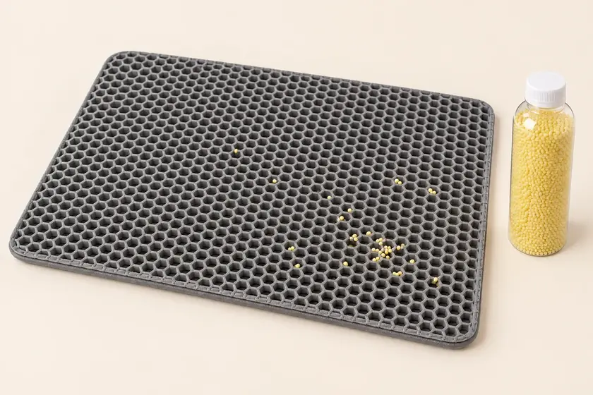 Tapis de litière gris et flacon de perles désodorisantes jaune citron