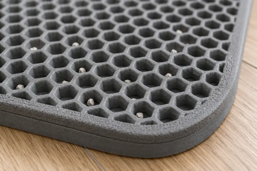 Gros plan du tapis de litière gris avec des grains de litière retenus