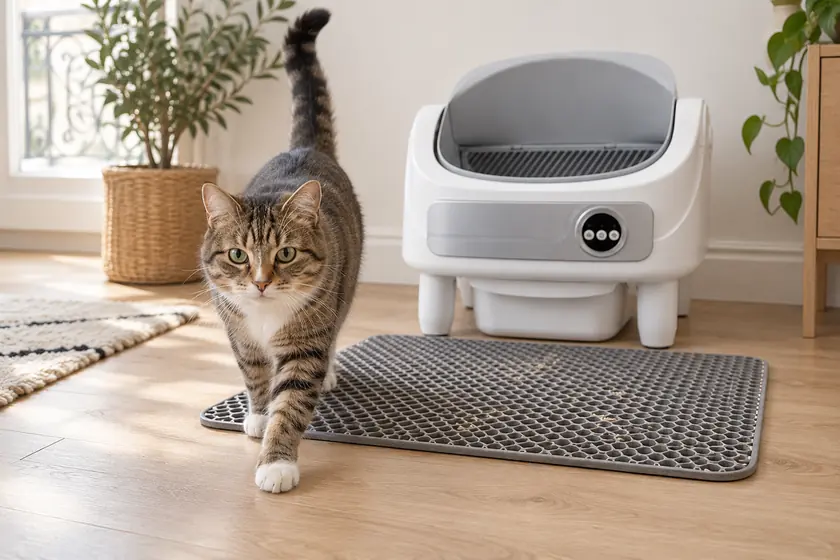 Chat tigré qui sort du tapis de litière gris posé devant la litière automatique, quelques grains retenus dans les alvéoles